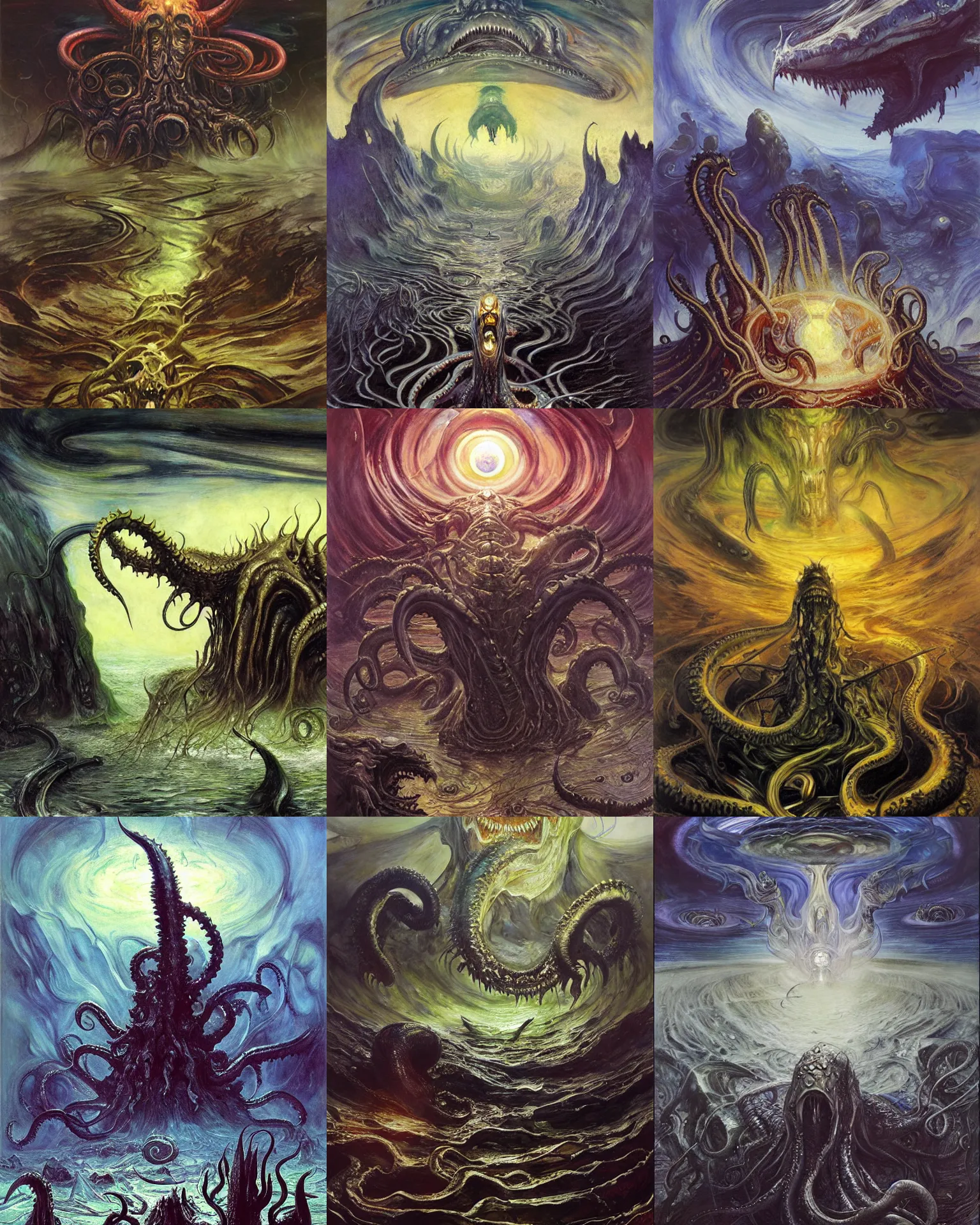 Prompt: otherworldly massive cthulu elder god rising over a grim obsidian landscape, painting by donato giancola, john berkey, edvard munch, dore, thomas moran, jackson pollock, elder god lovecraft mythology terror horror shark spider tentacle insect alien madness and insanity