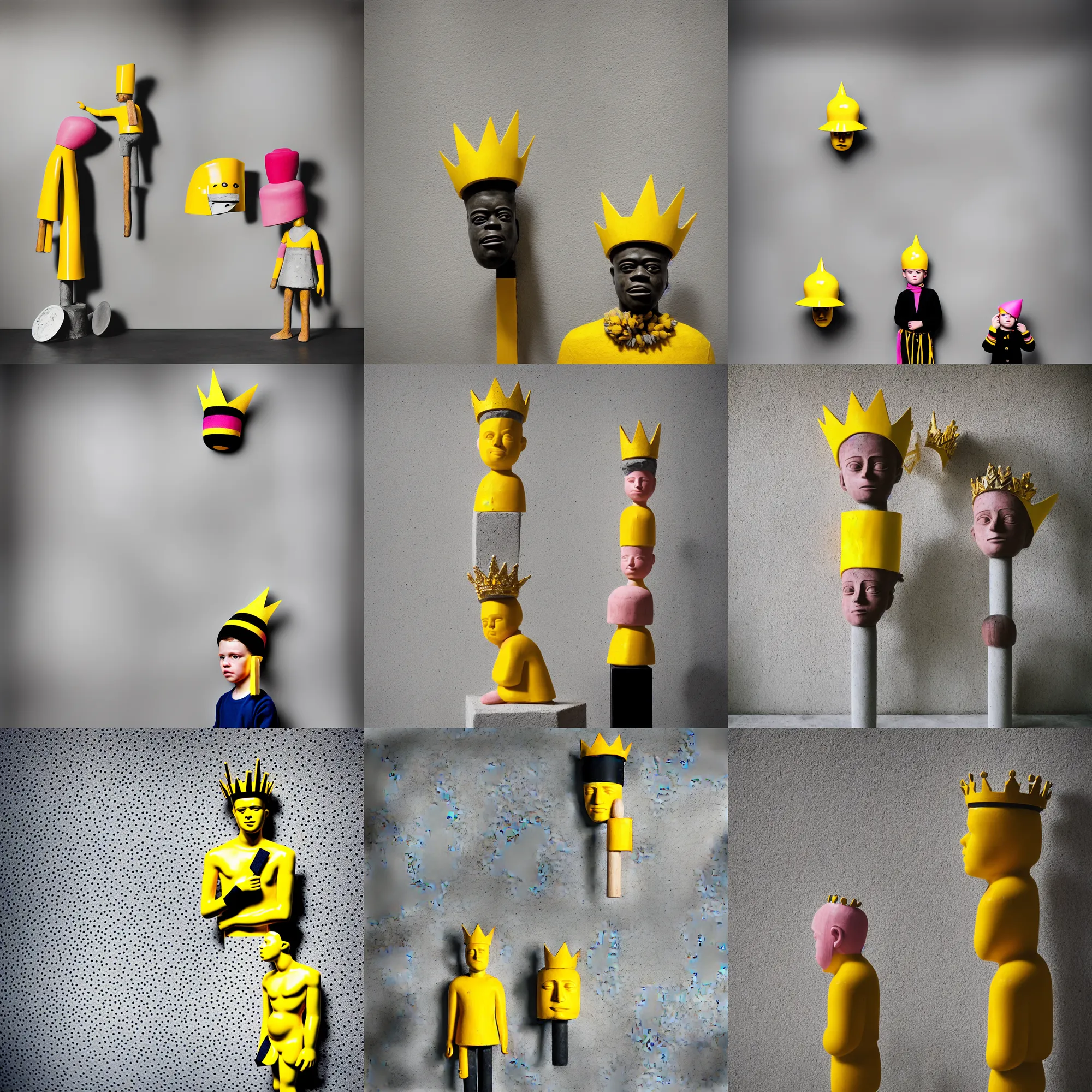 Image similar to kodak portra 4 0 0, 8 k, shot of a highly detailed, britt marling style, colour still - life portrait of a large minimalistic room, rough concrete walls, the wooden statue of a yellow black striped little man with pink crown on his head