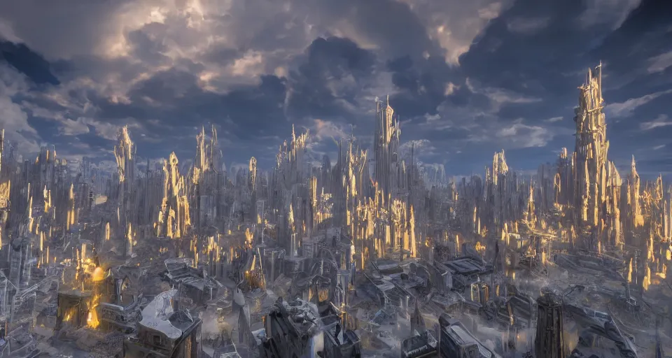 Image similar to majestic futuristic elf city made of white stone and decorated with gold, epic scale buildings, dramatic light clouds, cinematic sky, sunrise, 8 k, unreal engine 5