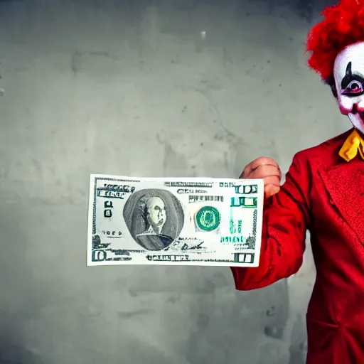 Image similar to A clown holding a dollar banknote, background is a slum, cinematic, epic, highly-detailed, photo realistic