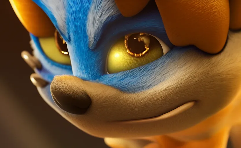 Image similar to a stunning cinematic closeup of sonic, movie scene, high details, Raytracing, octane render, vivid colors, 32k, denoise, 3d shaders, ambient occlusion, 3d reflections, sub surface scatter, renderman, visual effects, lens flare, halation, chromatic aberration, high sample render, deep colors, dramatic lighting