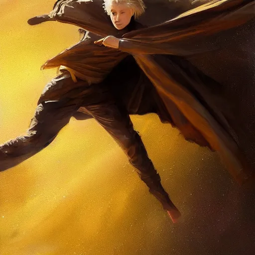 Image similar to yellow eyed blonde boy wearing a brown cape and flying in t pose, closeup, powerful, space background, oil painting, brush strokes, greg rutkowski