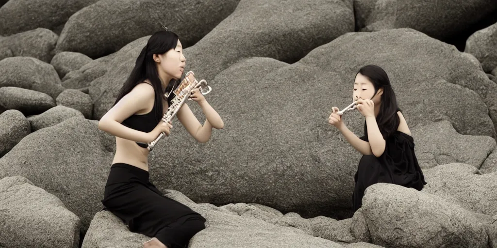 Image similar to Photo of a Korean girl playing a flute with her nose. Sitting on a rocky shore on a cloudy day. In the style of Annie Leibovitz