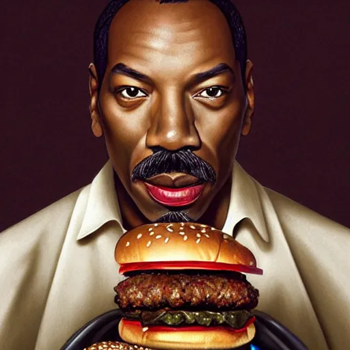 Prompt: portrait of eddie murphy eating hamburgers, extra onions and ketchup, luscious patty with sesame seeds, ethereal, handsome, d & d, fantasy, intricate, elegant, highly detailed, digital painting, artstation, concept art, matte, sharp focus, illustration, art by artgerm and greg rutkowski and alphonse mucha