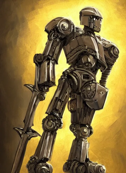 Image similar to full body, dynamic attack position abstract portrait of a intricate glorious holy mechanical warforged character in yellow armor holding a paladin engraved great longsword drawn and carrying a big paladin shield, glowing!!!! eye!!!!!, face in focus, pit droid, epic , trending on ArtStation, masterpiece, cinematic lighting, by Ross Tran and by Greg Rutkowski