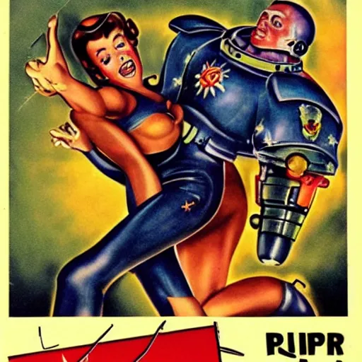 Image similar to pin-up art of a space marine rying a nuclear bomb