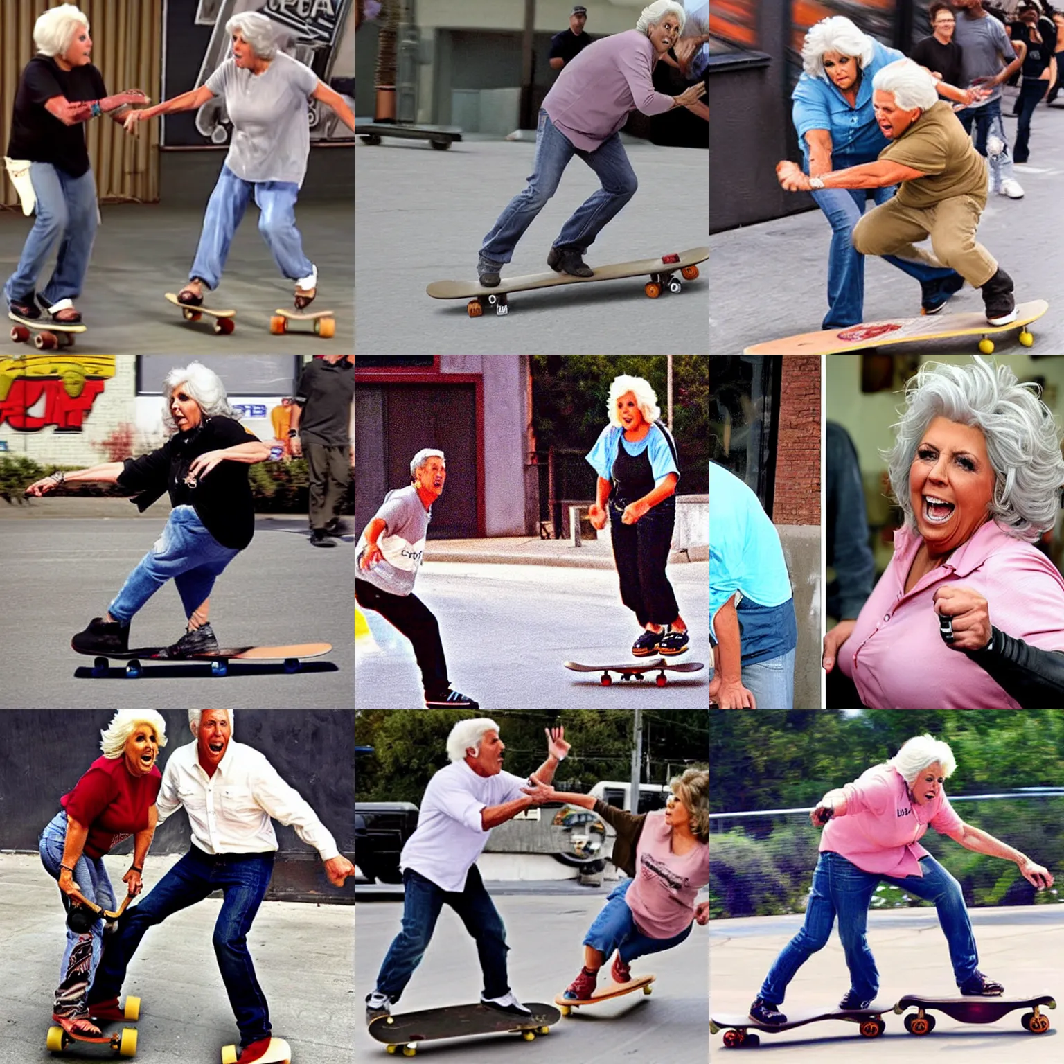 Prompt: Paula Deen fighting Tony Hawk with a skateboard, realistic, photo, TMZ