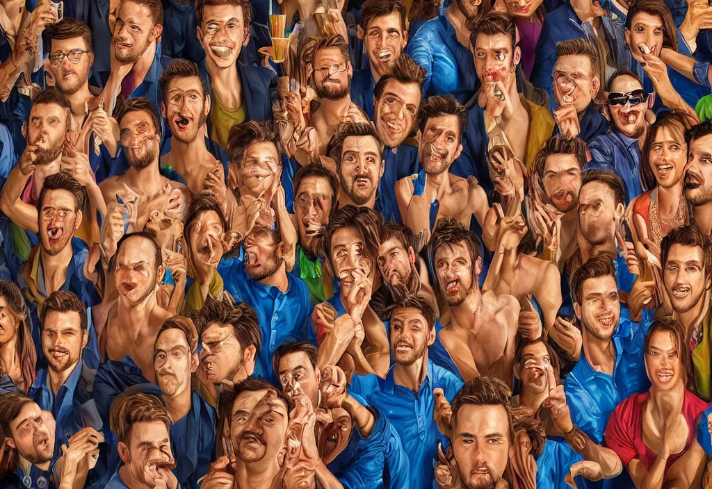 Prompt: a fun bachelor party event, detailed people, symmetric faces, beautiful people, anatomically correct, golden ratio, vibrant colors, high quality, 8 k, very detailed, intricate, high detail, extremely fine details, realistic shaded lighting, not cropped, extremely detailed, masterpiece, digital painting