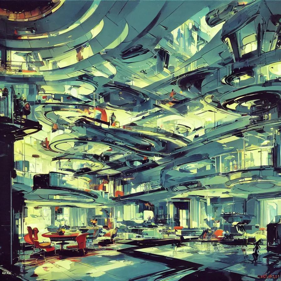 Image similar to concept art of jetsons cartoon indoor scenario of a futuristic house, painted by john berkey