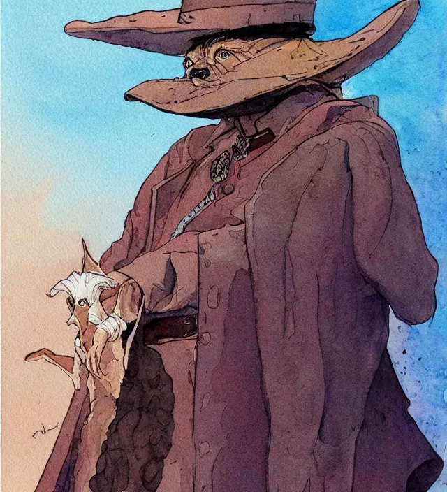 Prompt: a watercolor ink painting of an anthropomorphic dog wizard / sheriff in the style of jean giraud in the style of moebius trending on artstation deviantart pinterest detailed realistic hd 8 k high resolution