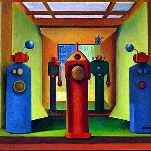 Image similar to robot druids in a grandiose atrium, grant wood, pj crook, edward hopper, oil on canvas