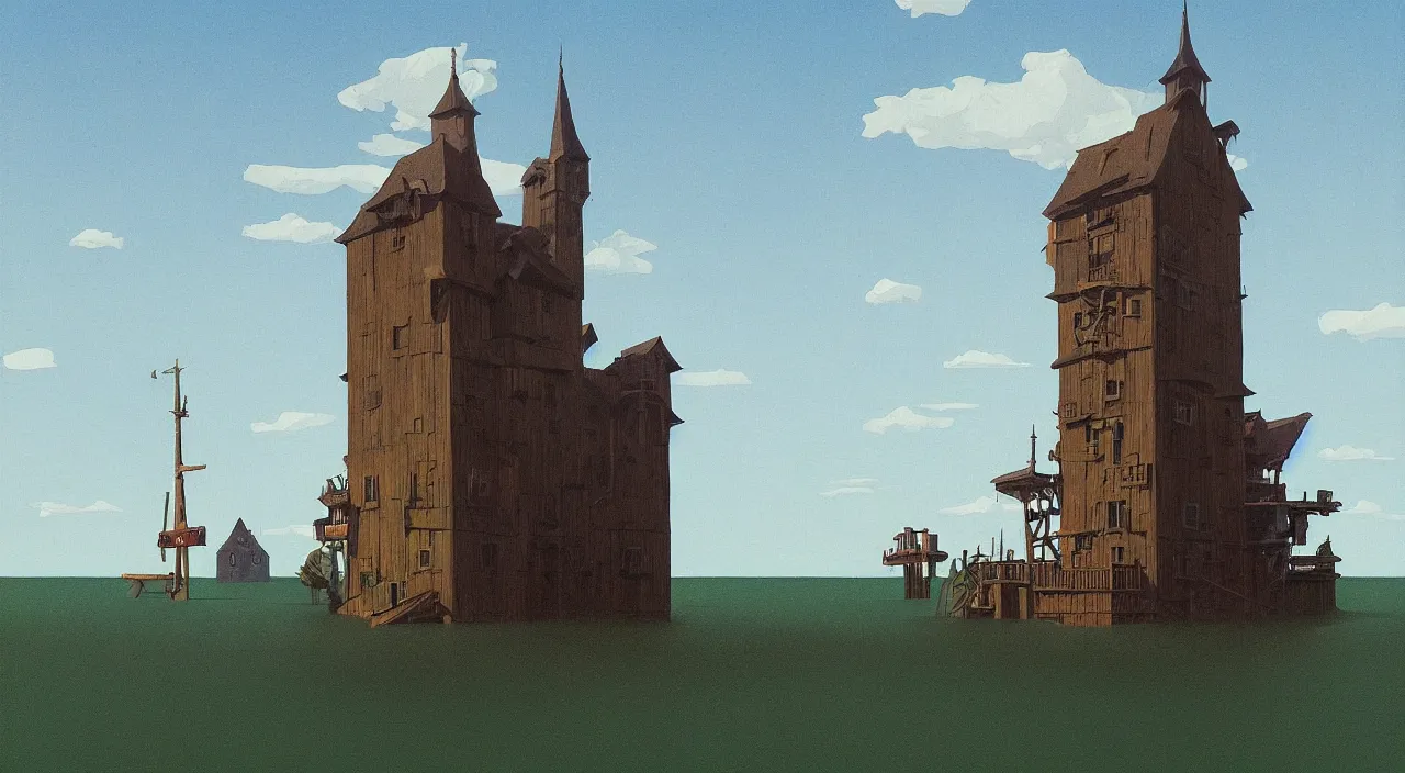 Prompt: single flooded simple wooden eldritch tower, very coherent and colorful high contrast!! masterpiece by rene magritte simon stalenhag carl spitzweg syd mead norman rockwell edward hopper james gilleard, minimalist, dark shadows, sunny day, hard lighting