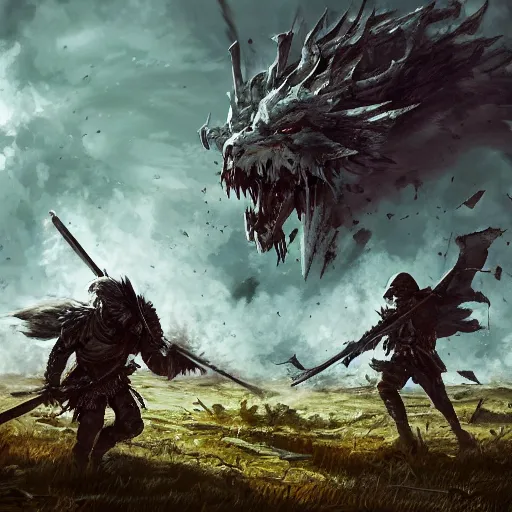 Prompt: war torn battlefield, figures fighting in the distance, a fallen warrior in focus, dnd, fantasy, high quality, high definition, concept art, smooth