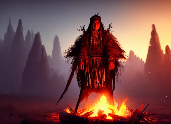 Image similar to shaman behind bonfire twilight hyper realistic cinematic art 4 k great view high quality