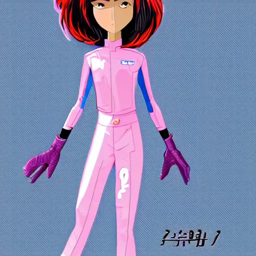 Image similar to y2k character model sheet for a short Japanese girl in a pink and white futuristic sleek motorcycle suit. into the spider-verse animated style