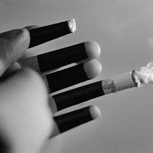 Prompt: Close-up of highly realistic hand holding cigarette with smoke, vintage photo,