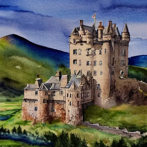 Image similar to beautiful scottish castle mountaintop watercolour mcdonalds resteraunt