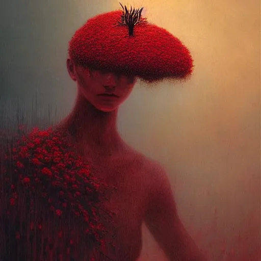 Prompt: Crimson rain sought flower, highly detailed, artstation, by beksiński