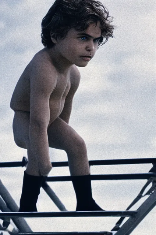 Prompt: close up still shot of young anakin skywalker standing on the diving board, 3 5 mm, highly detailed, attack of the clones, dynamic lighting