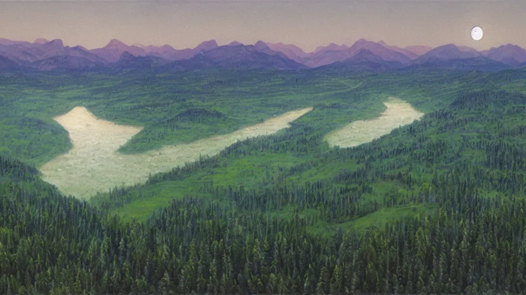 Prompt: The most beautiful panoramic landscape, oil painting, where the mountains are towering over the valley below their peaks shrouded in mist. The moon is high in the sky producing a warm glow and the sky dark purple and filled with stars and cirrus clouds. The river is winding its way through the valley and the trees are vivid green, by Greg Rutkowski, aerial view