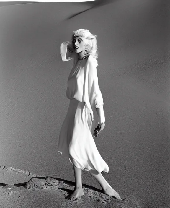 Image similar to blonde woman in the desert, white dress, by norman parkinson