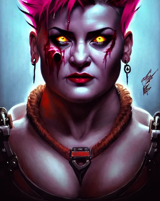 Image similar to zarya from overwatch, with an evil and crazy look inn her eyes, character portrait, portrait, close up, concept art, intricate details, highly detailed, horror poster, horror, vintage horror art, realistic, terrifying, in the style of michael whelan, beksinski, and gustave dore