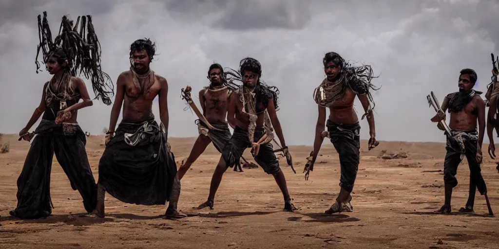 Image similar to sri lankan mad max style, dancing, film still, epic shot cinematography, rule of thirds