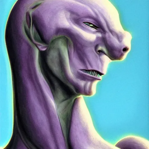 Image similar to a portrait of mewtwo, in the style of wayne barlowe