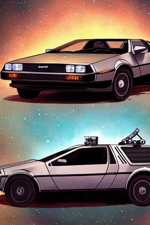 Image similar to Delorean car designed by Aplle that looks like it is from Borderlands and by Feng Zhu and Loish and Laurie Greasley, Victo Ngai, Andreas Rocha, John Harris