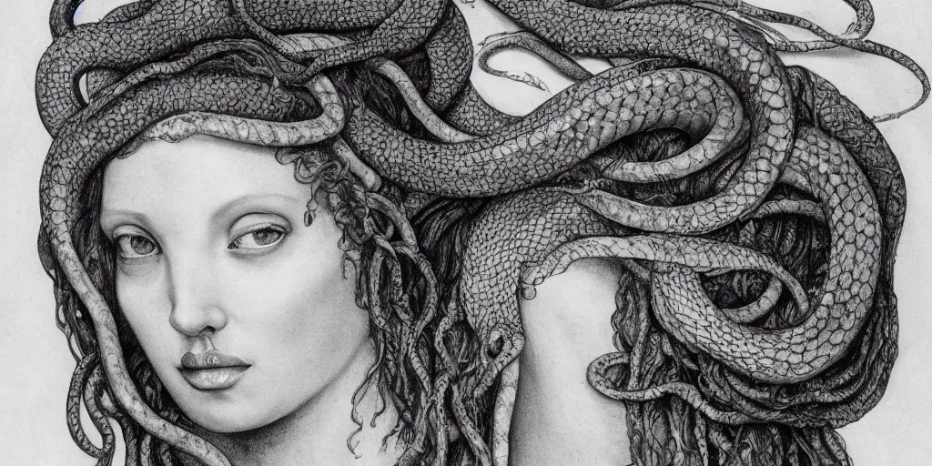 Prompt: realistic portrait of a beautiful medusa with her snake hair, 1450, ink, ultra realistic, 8k