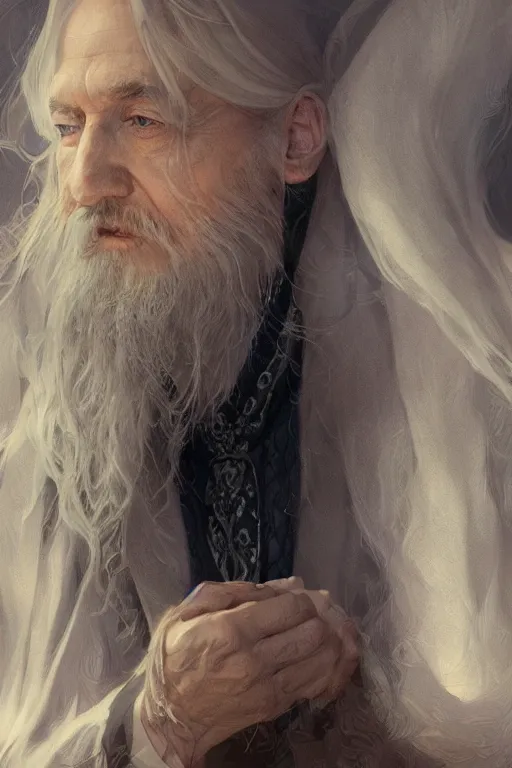 Image similar to Albus Dumbledore, diffuse lighting, fantasy, intricate, elegant, highly detailed, lifelike, photorealistic, digital painting, artstation, illustration, concept art, smooth, sharp focus, art by John Collier and Albert Aublet and Krenz Cushart and Artem Demura and Alphonse Mucha