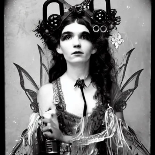 Prompt: recovered victorian photo of grimes as a cosmic steampunk fairy.