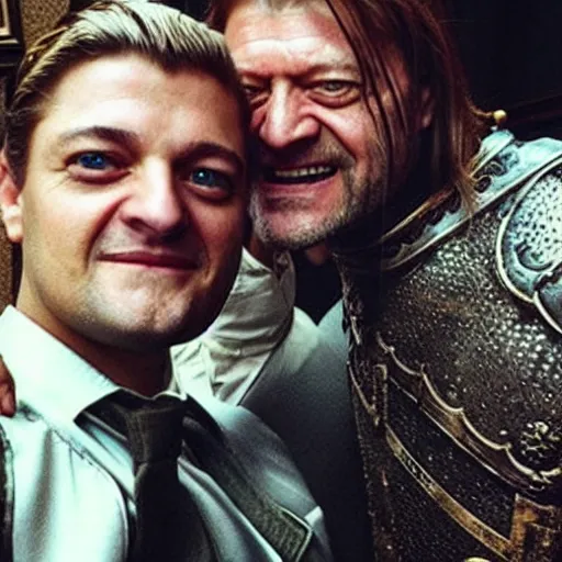 Image similar to “Joffrey Baratheon, taking a selfie with Ned Stark”