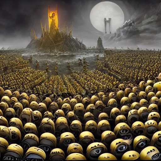 Prompt: An army of minions defend Helm’s Deep, lord of the rings concept art, sharp lighting, 4k, detailed, bright colors