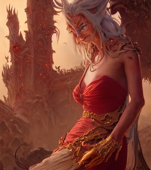 Prompt: demons, full dress, full body portrait, gentle, female, ruins landscape, d & d, fantasy, intricate, elegant, highly detailed, digital painting, red gold color palette, artstation, octane render, concept art, matte, sharp focus, illustration, hearthstone, art by artgerm and greg rutkowski and alphonse mucha