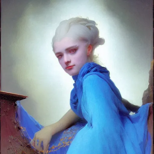 Prompt: a young woman's face, her hair is white and she wears a cobalt blue satin cloak, by ivan aivazovsky and syd mead and moebius and gaston bussiere and roger dean and pieter claesz and paul delaroche and alma tadema and aelbert cuyp and viktor vasnetsov, hyperrealistic, volumetric light, octane render