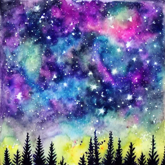 Image similar to starry sky in a night forest with galaxies and nebulae, watercolor painting