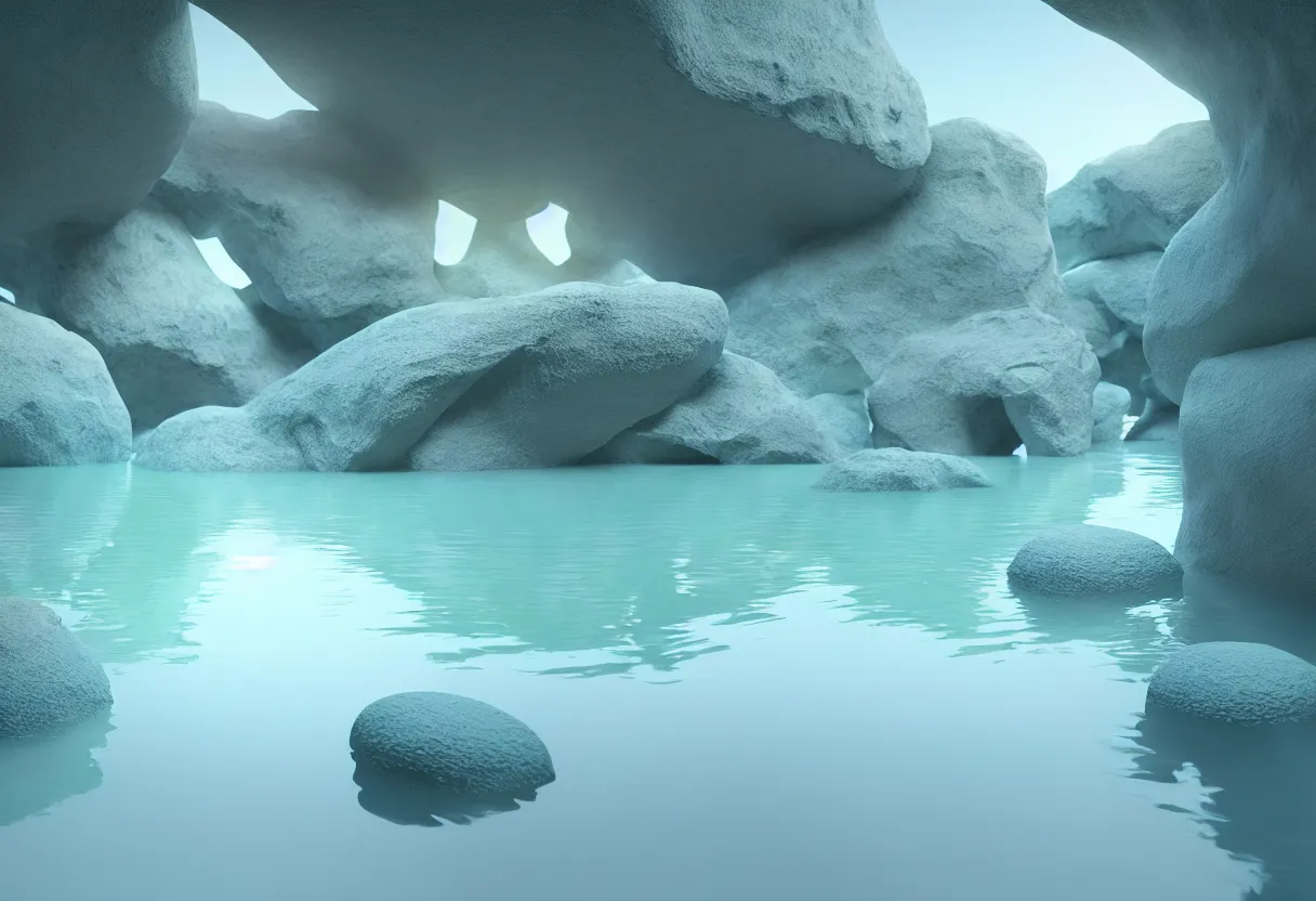 Image similar to inside of alien lush lake landscape of human mind and imagination, big rocks and pebbles in pastel light blue colors, matte painting, beautiful render, octane render, concept art