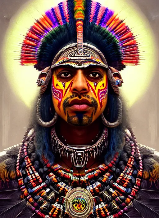 Image similar to portrait of suraj sharma, hyper detailed ultra sharp aztec shaman warrior. trending on artstation, warpaint aesthetic, bloodwave, colorful, psychedelic, ornate, intricate, digital painting, concept art, smooth, sharp focus, illustration, art by artgerm and greg rutkowski and h. r. giger, 8 k