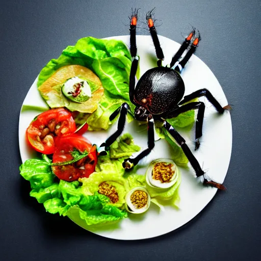 Prompt: food photography of a buffet of giant spider with lettuce tomatoes garlic coriander