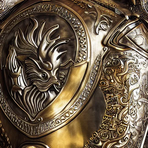 Image similar to fantasy art 4 k macro photo of rooster king in very detailed shiny plate armor engraved in gold ready for battle