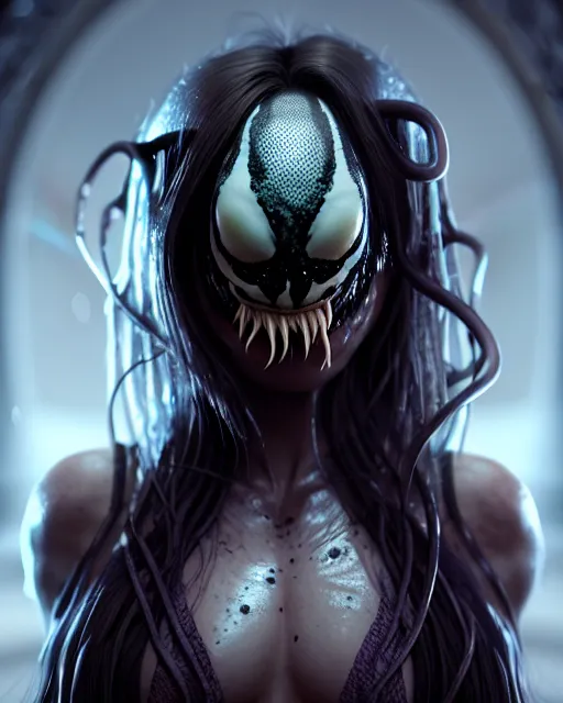 Prompt: Beautiful art portrait of a venom symbiont girl, atmospheric lighting, intricate detail, cgsociety, hyperrealistic, octane render, RPG portrait, ambient light, dynamic lighting