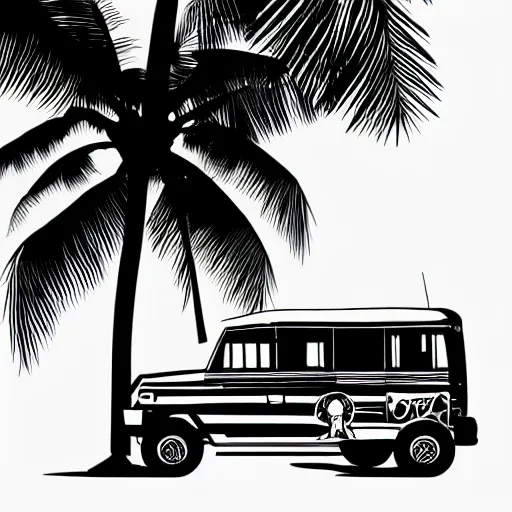 Prompt: stylized vector graphic of a philippines jeepney, palm tree, philippines sun and filipino girl wearing traditional clothes, white background, trending on artstation