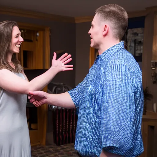 Prompt: jerma985 shaking hands with Cathy Mitchell, wide shot, 4k, professional photography, detailed