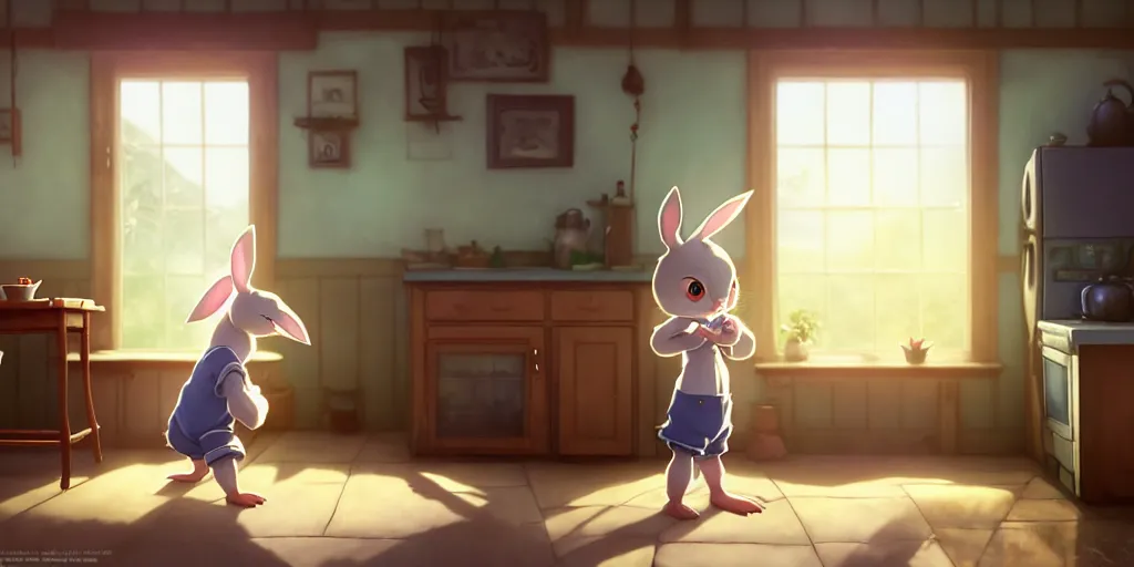 Image similar to a wholesome animation key shot of a cute rabbit boy stretching in a cottage kitchen, medium shot, studio ghibli, pixar and disney animation, sharp, rendered in unreal engine 5, anime key art by greg rutkowski, bloom, dramatic lighting