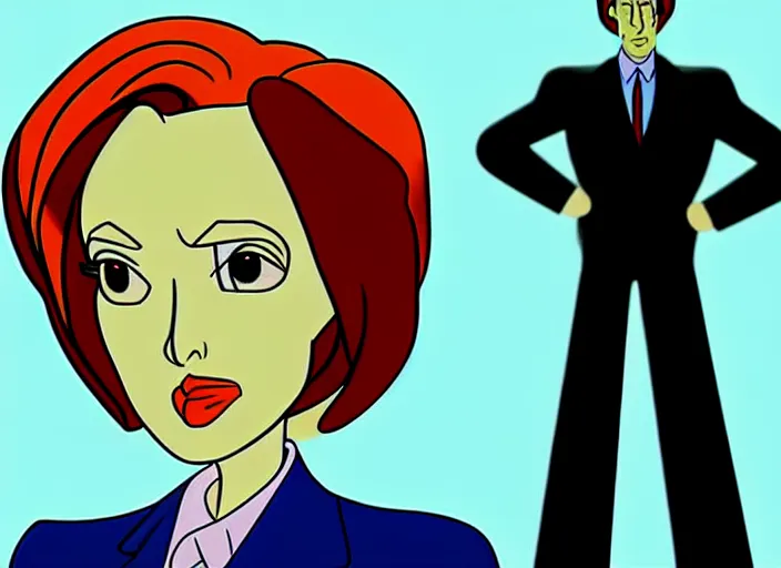Prompt: dana scully on the x - files : the animated series, shaded animation cel, animation model, sharp detail, animation cel, thin linework, in the style of don bluth, bruce timm, alex toth, filmation, toei animation, studio trigger, 5 k, hd