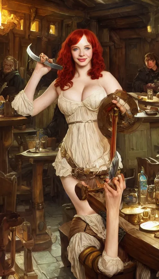 Prompt: young christina hendricks in a tavern, warhammer, lord of the rings, sweaty, strong, sword, intricate, highly detailed, digital painting, artstation, concept art, smooth, sharp focus, illustration, unreal engine 5, 8 k, art by artgerm and greg rutkowski and alphonse mucha