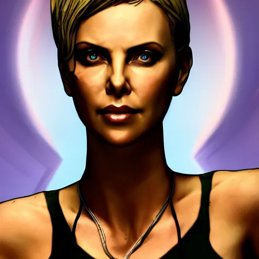 Image similar to charlize theron portrait, borderlands, tales from the borderlands, the wolf among us, comic, cinematic lighting, studio quality, 8 k