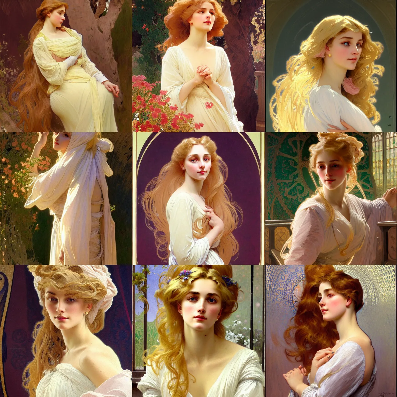 Prompt: painted portrait of a modest wife blessed by god with ever - increasing intelligence beauty and virtue. blonde, voluminous holy body dressed modestly, light effect. feminine, powerful, in clothes! intricate, elegant, highly detailed, digital painting, artstation, concept art, smooth, sharp focus, illustration, art by gaston bussiere and alphonse mucha