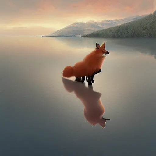 Prompt: A giant fox walking over a lake by Mandy Jurgens